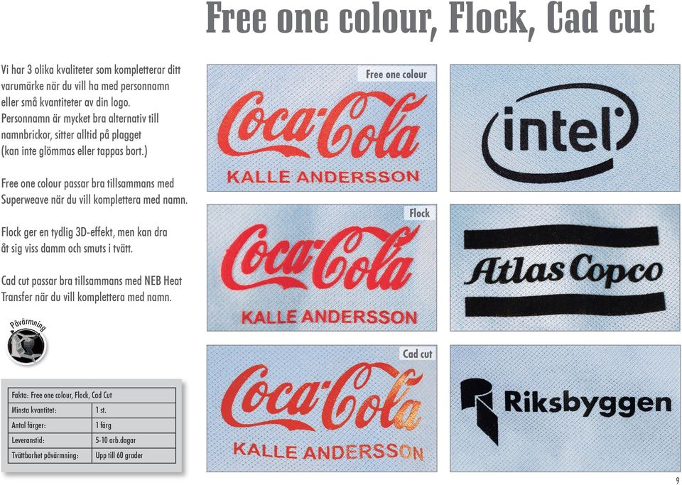 ) Free one colour passar bra tillsammans med Superweave när du vill komplettera med namn. Flock ger en tydlig 3D-effekt, men kan dra åt sig viss damm och smuts i tvätt.