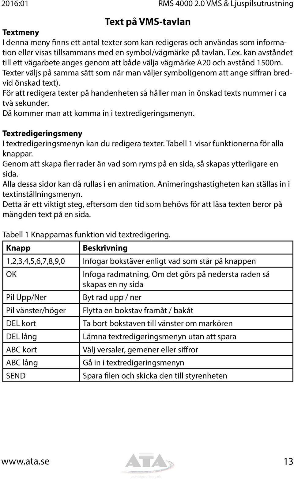 Texter väljs på samma sätt som när man väljer symbol(genom att ange siffran bredvid önskad text). För att redigera texter på handenheten så håller man in önskad texts nummer i ca två sekunder.