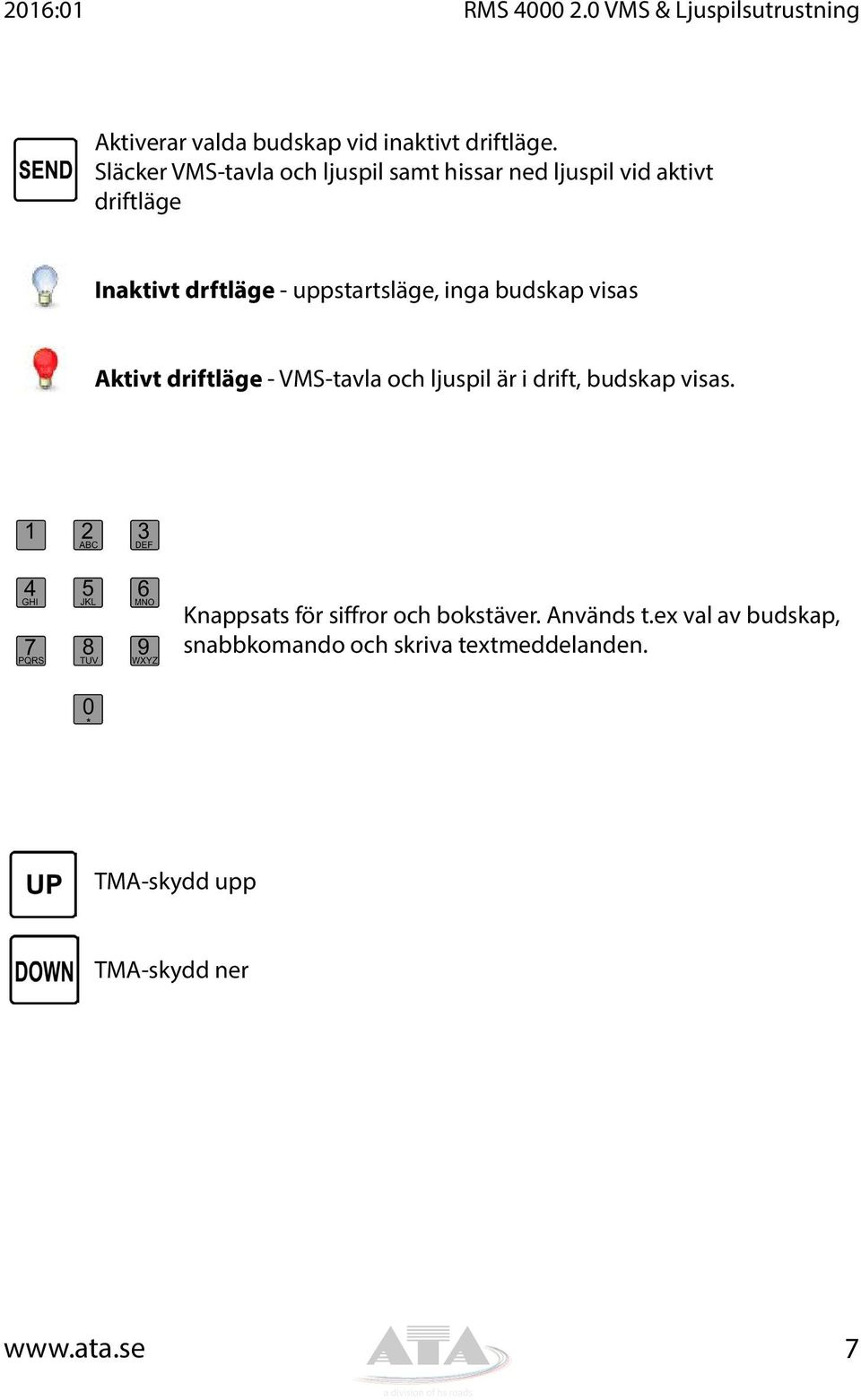 uppstartsläge, inga budskap visas Aktivt driftläge - VMS-tavla och ljuspil är i drift, budskap visas.