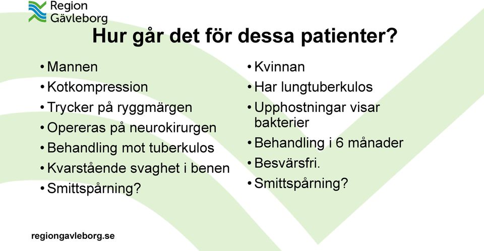 Behandling mot tuberkulos Kvarstående svaghet i benen Smittspårning?