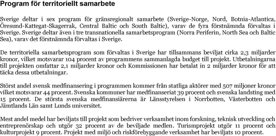 De territoriella samarbetsprogram som förvaltas i Sverige har tillsammans beviljat cirka 2,3 miljarder kronor, vilket motsvarar 104 procent av programmens sammanlagda budget till projekt.