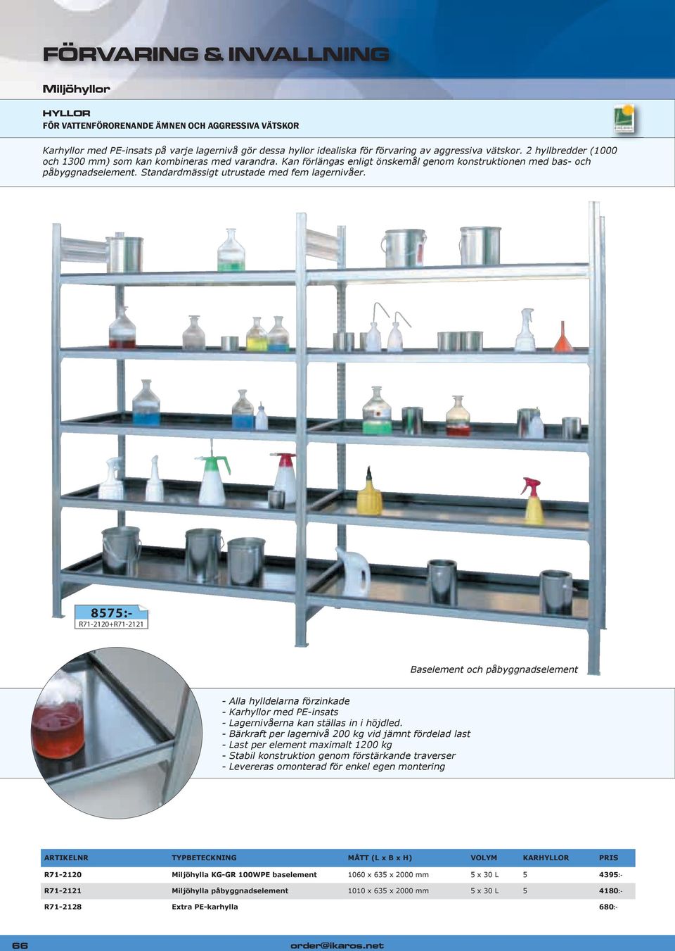 8575:- R71-2120+R71-2121 Baselement och påbyggnadselement - Alla hylldelarna förzinkade - Karhyllor med PE-insats - Lagernivåerna kan ställas in i höjdled.