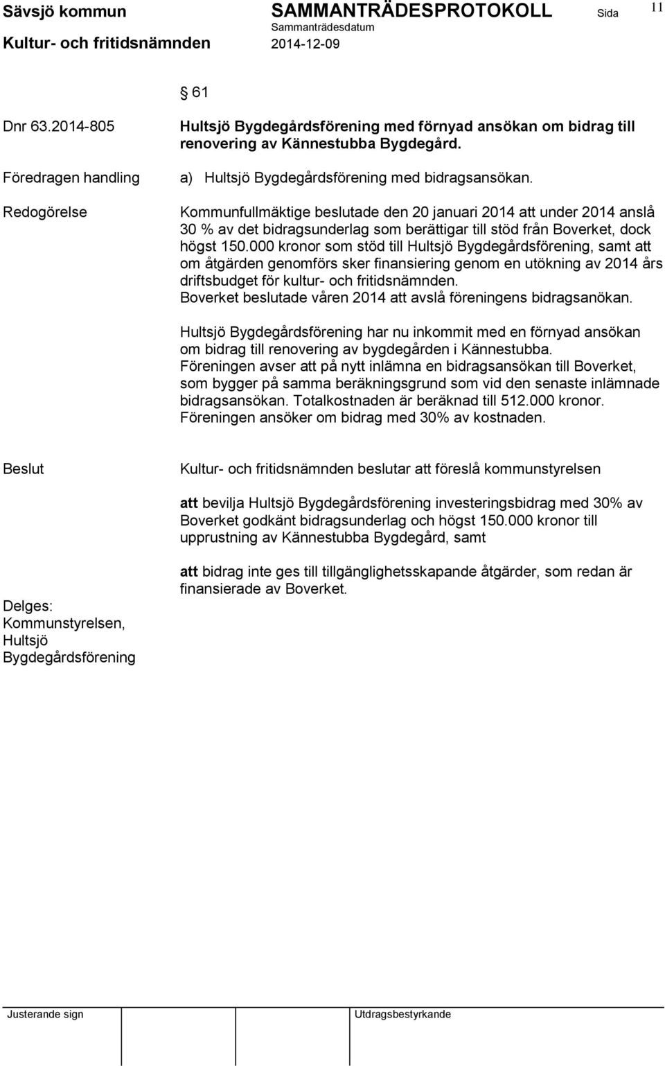 000 kronor som stöd till Hultsjö Bygdegårdsförening, samt att om åtgärden genomförs sker finansiering genom en utökning av 2014 års driftsbudget för kultur- och fritidsnämnden.