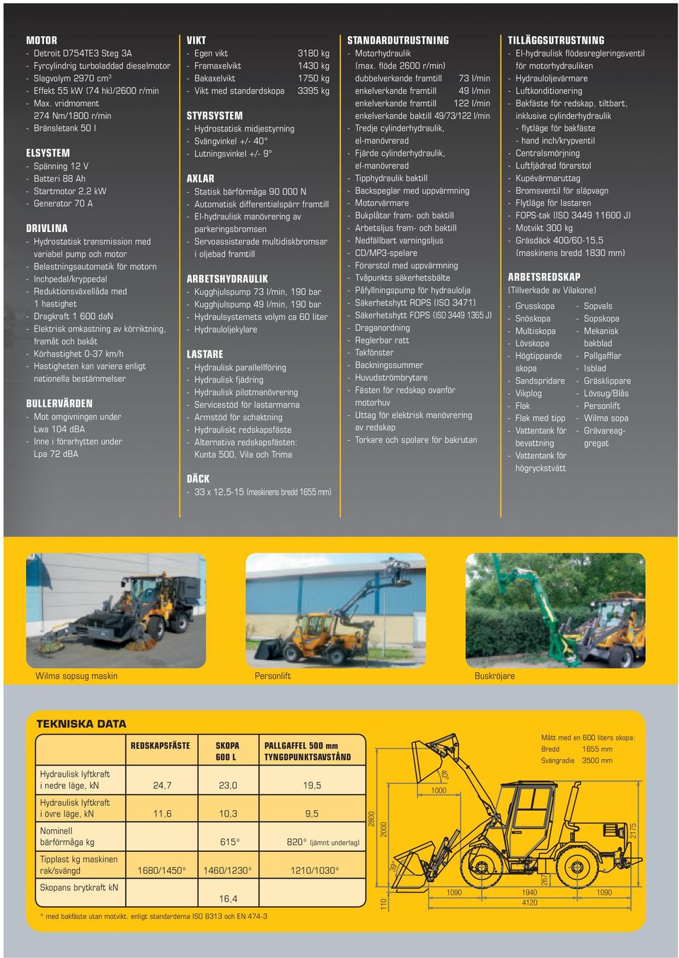 STYRSYSTEM Hydrostatisk midjestyrning Svängvinkel +/ 40 Lutningsvinkel +/ 9 AXLAR DRIVLINA Hydrostatisk transmission med variabel pump och motor Belastningsautomatik för motorn Inchpedal/kryppedal