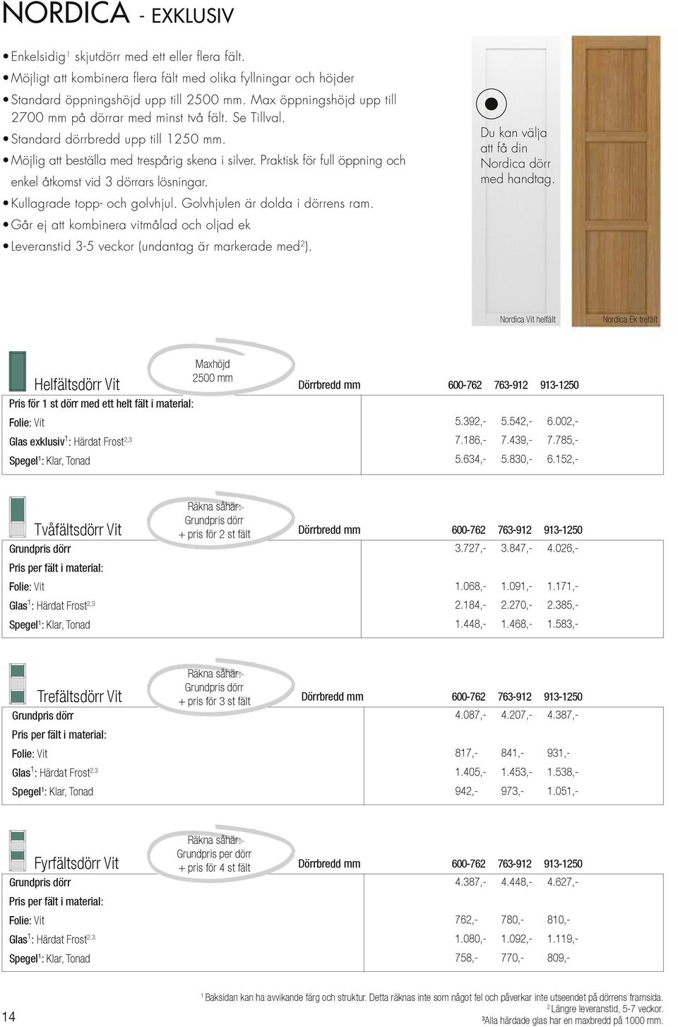 Praktisk för full öppning och enkel åtkomst vid 3 dörrars lösningar. Du kan välja att få din Nordica dörr med handtag. Kullagrade topp- och golvhjul. Golvhjulen är dolda i dörrens ram.