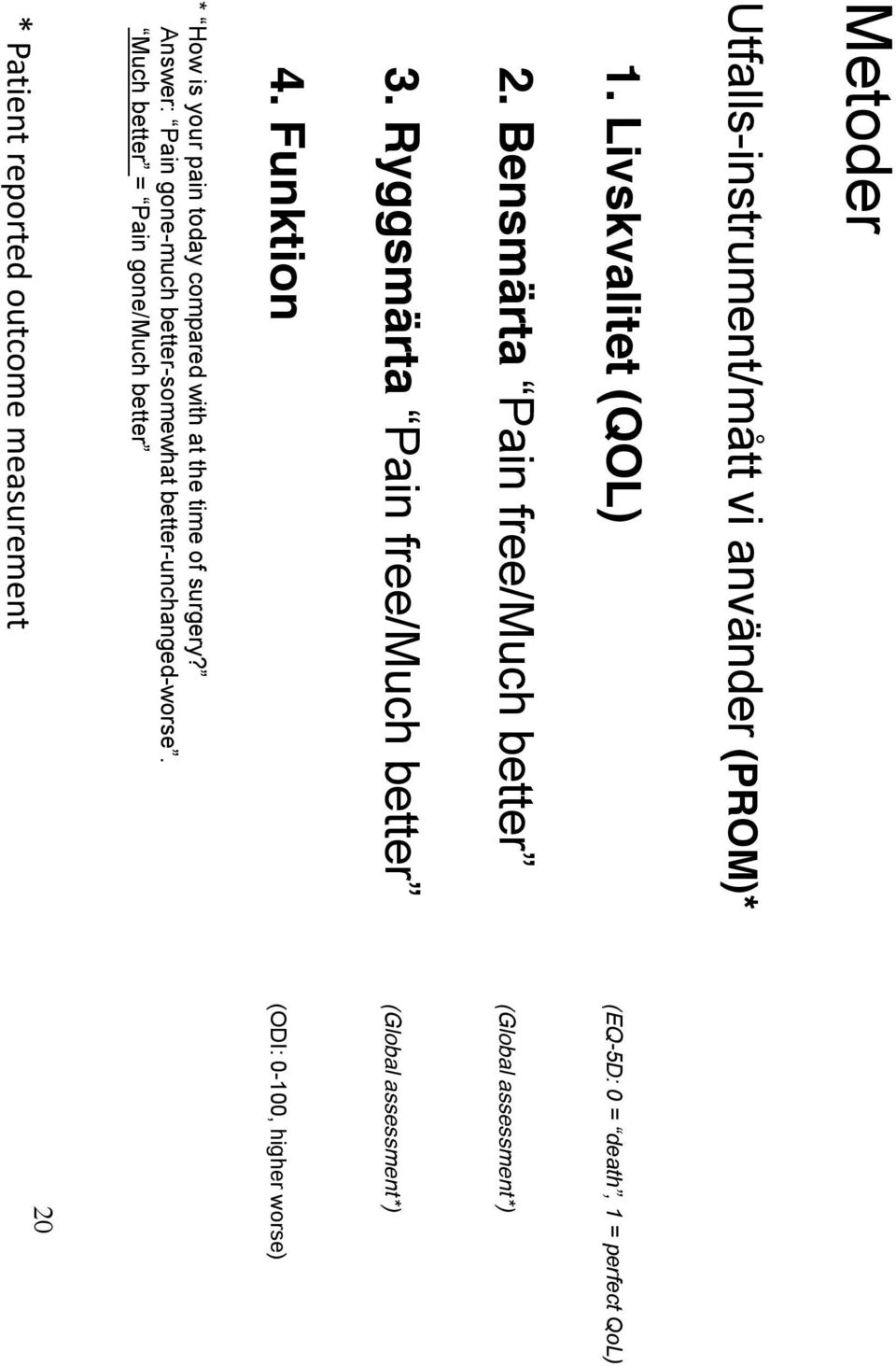 Funktion (ODI: 0-100, higher worse) * How is your pain today compared with at the time of surgery?