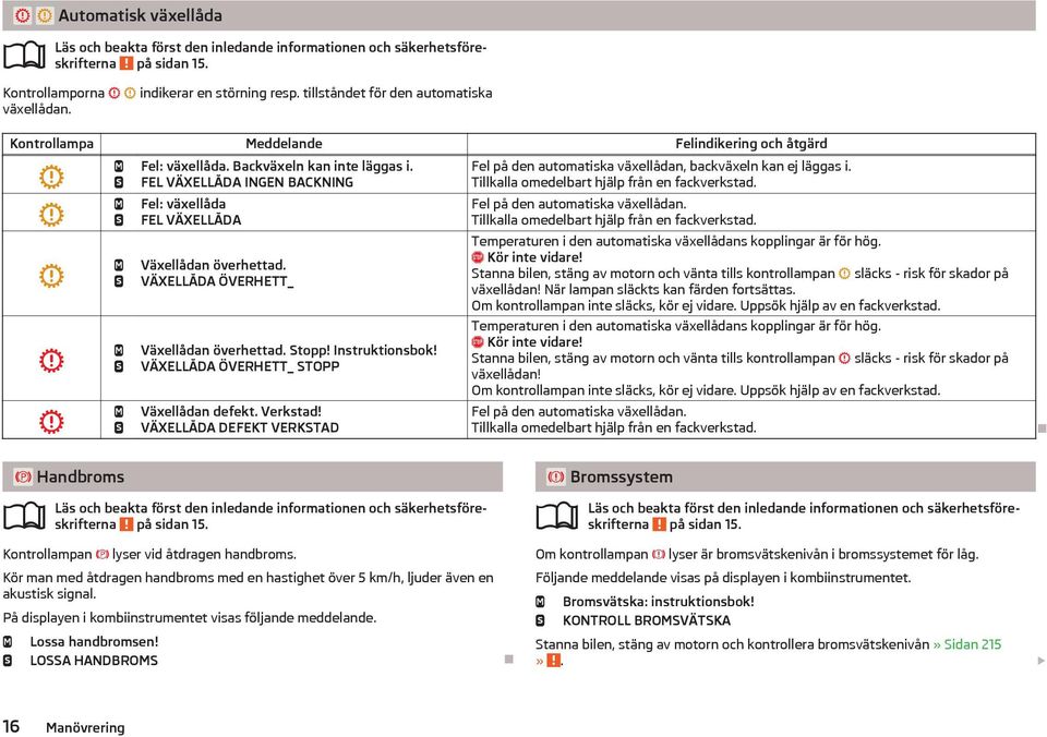 VÄXELLĂDA ÖVERHETT_ STOPP Växellådan defekt. Verkstad! VÄXELLĂDA DEFEKT VERKSTAD Fel på den automatiska växellådan, backväxeln kan ej läggas i. Tillkalla omedelbart hjälp från en fackverkstad.