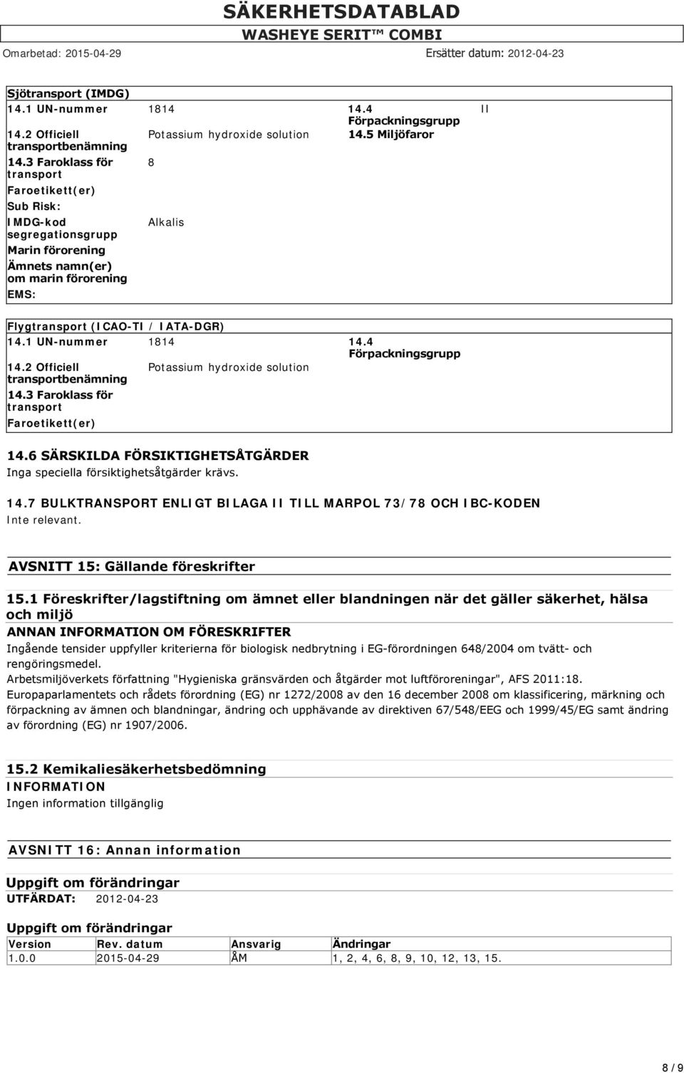 1 UN-nummer 1814 14.4 Förpackningsgrupp 14.2 Officiell transportbenämning Potassium hydroxide solution 14.3 Faroklass för transport Faroetikett(er) 14.