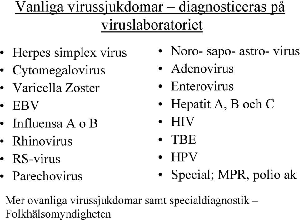 Parechovirus Noro- sapo- astro- virus Adenovirus Enterovirus Hepatit A, B och C HIV
