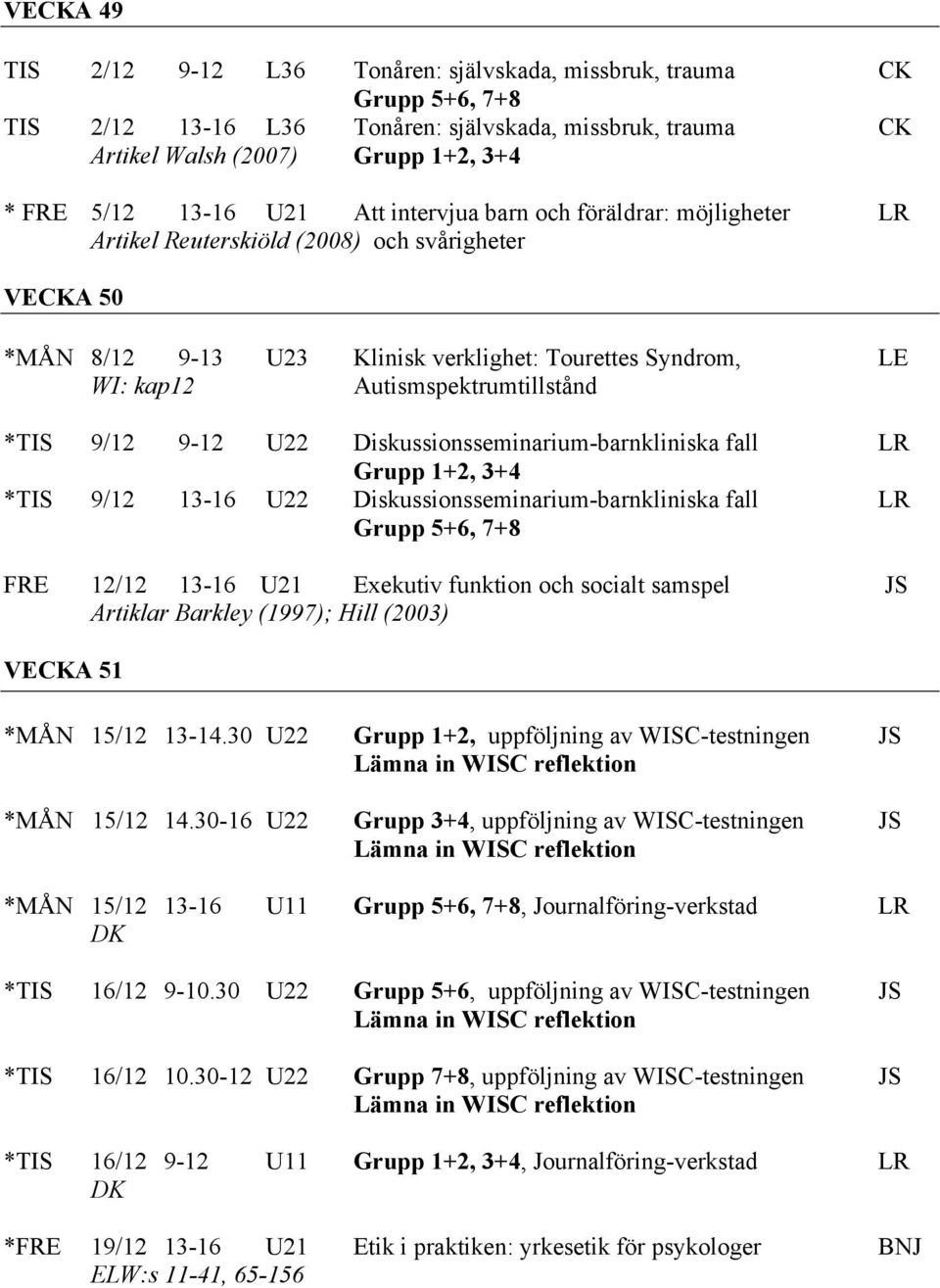 *TIS 9/12 9-12 U22 Diskussionsseminarium-barnkliniska fall LR Grupp 1+2, 3+4 *TIS 9/12 13-16 U22 Diskussionsseminarium-barnkliniska fall LR Grupp 5+6, 7+8 FRE 12/12 13-16 U21 Exekutiv funktion och