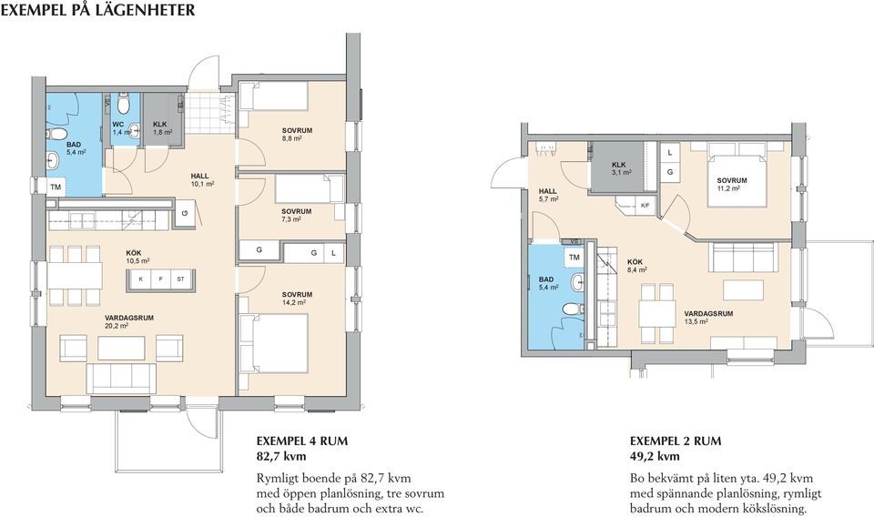 8,4 m 2 VARDASRUM 13,5 m 2 EXEMPEL 4 RUM 82,7 kvm Rymligt boende på 82,7 kvm med öppen planlösning, tre sovrum och både badrum och