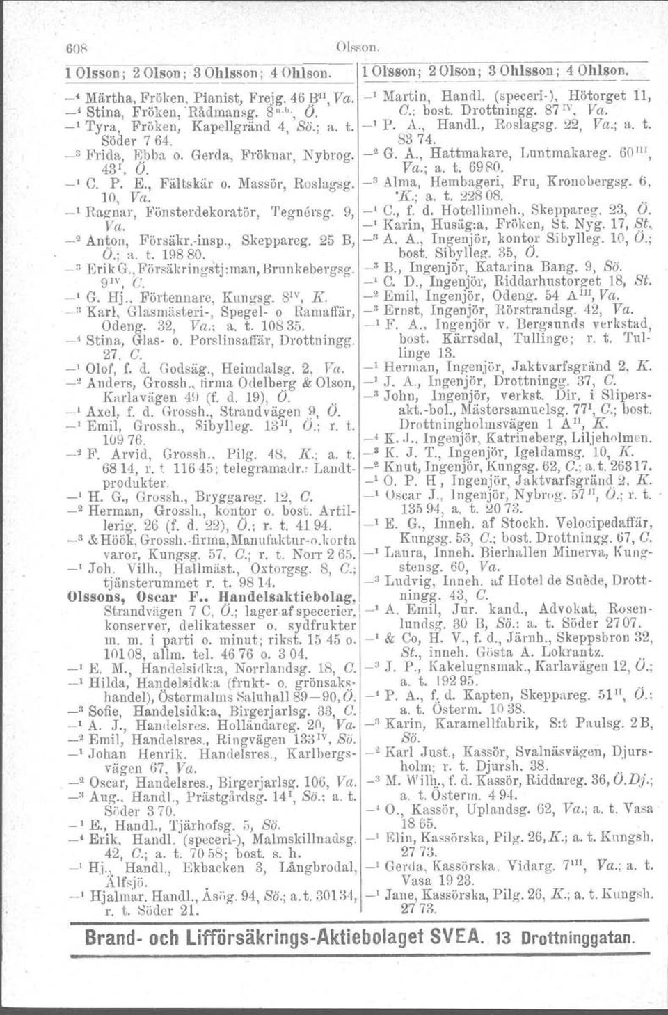 _2 G. A., Hattmakare, Luntmakareg. 60 IlI, 43', O. Va.; a. t. 6980. -' C. P. E., Fältskär o. Massör, Roslagsg. -" Alma, Hembageri, Fru, Kronobergsg. 6, 10, Va. 'J{,; a. t. 22808.