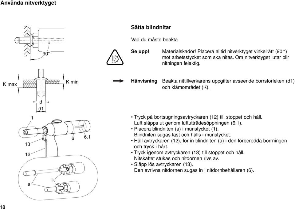 Luft släpps ut genom luftutträdesöppningen (6.1). Placera blindniten (a) i munstycket (1). Blindniten sugas fast och hålls i munstycket.