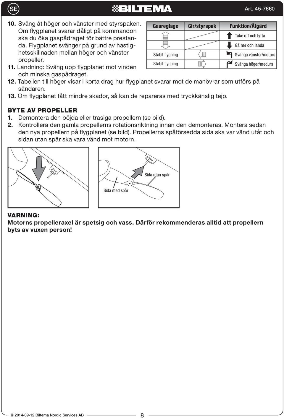 propeller. Stabil flygning Svänga höger/medurs 11. Landning: Sväng upp flygplanet mot vinden och minska gaspådraget. 12.