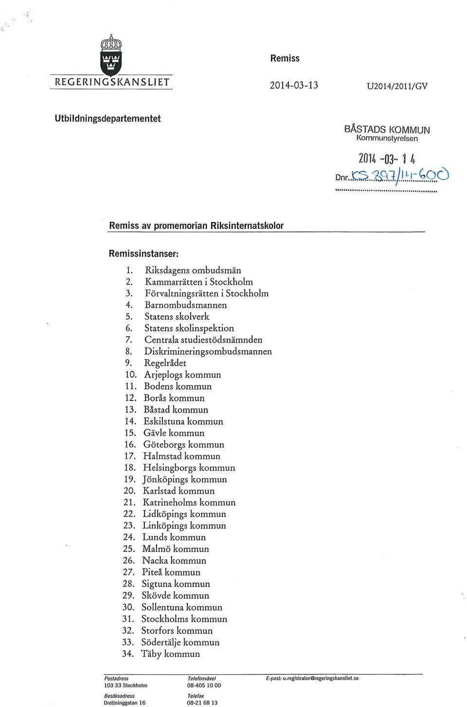 Statens skolinspektion 7. Centrala studiestödsnämnden 8. Diskriminerings ombudsmannen 9. Regel rådet 10. Arjeplogs kommun 11. Bodens kommun 12. Borås kommun 13. Båstad kommun 14. Eskilstuna kommun 15.