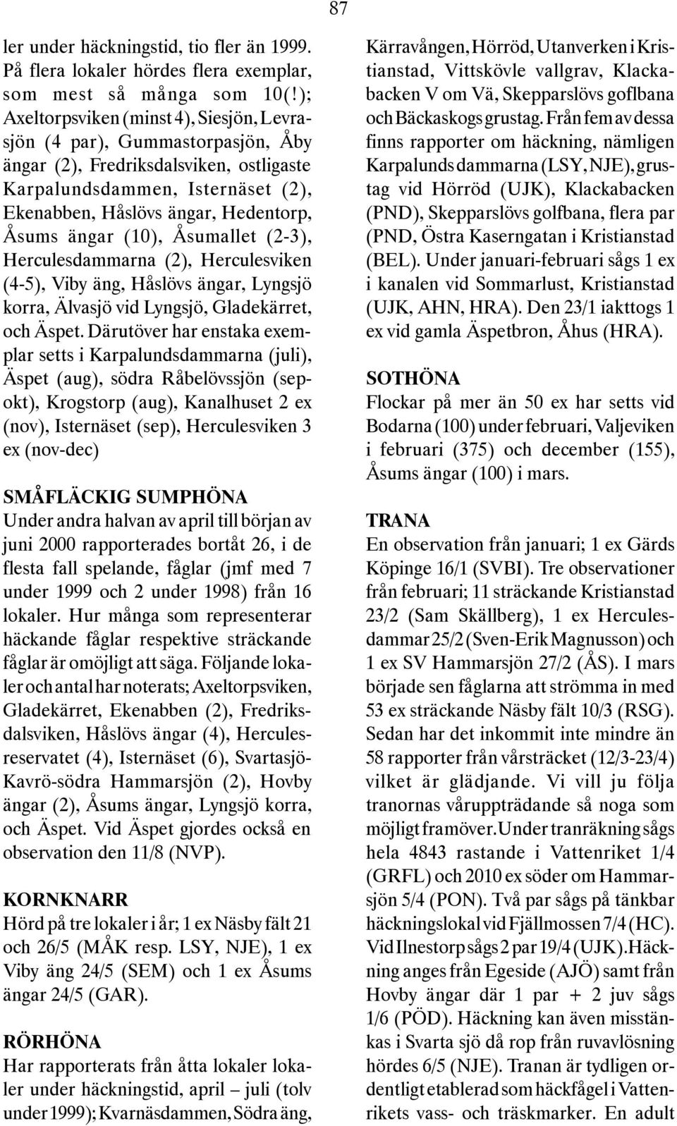 ängar (10), Åsumallet (2-3), Herculesdammarna (2), Herculesviken (4-5), Viby äng, Håslövs ängar, Lyngsjö korra, Älvasjö vid Lyngsjö, Gladekärret, och Äspet.