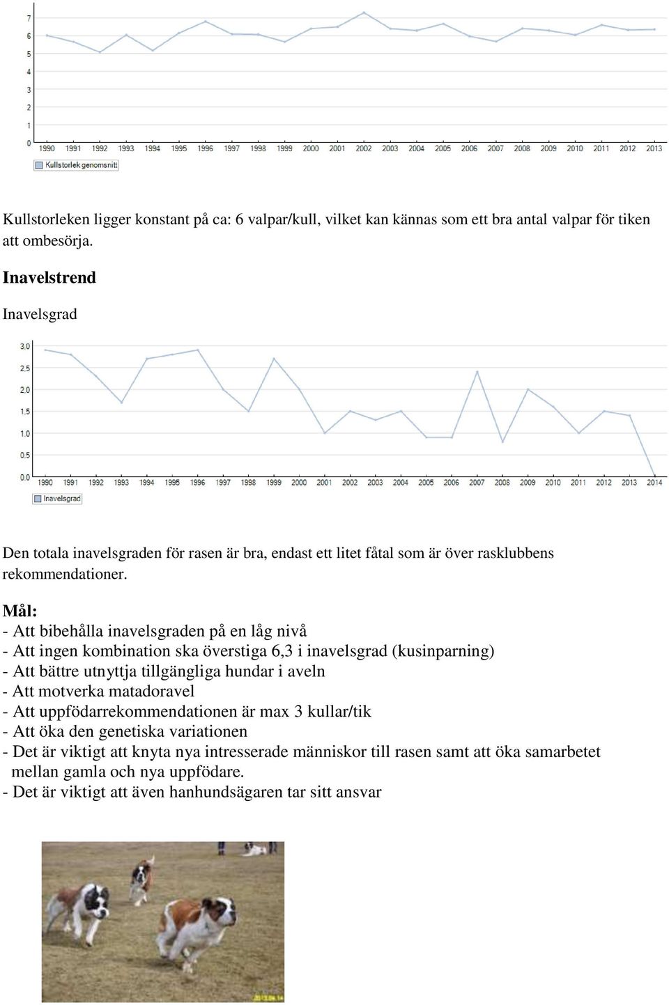 Mål: - Att bibehålla inavelsgraden på en låg nivå - Att ingen kombination ska överstiga 6,3 i inavelsgrad (kusinparning) - Att bättre utnyttja tillgängliga hundar i aveln - Att