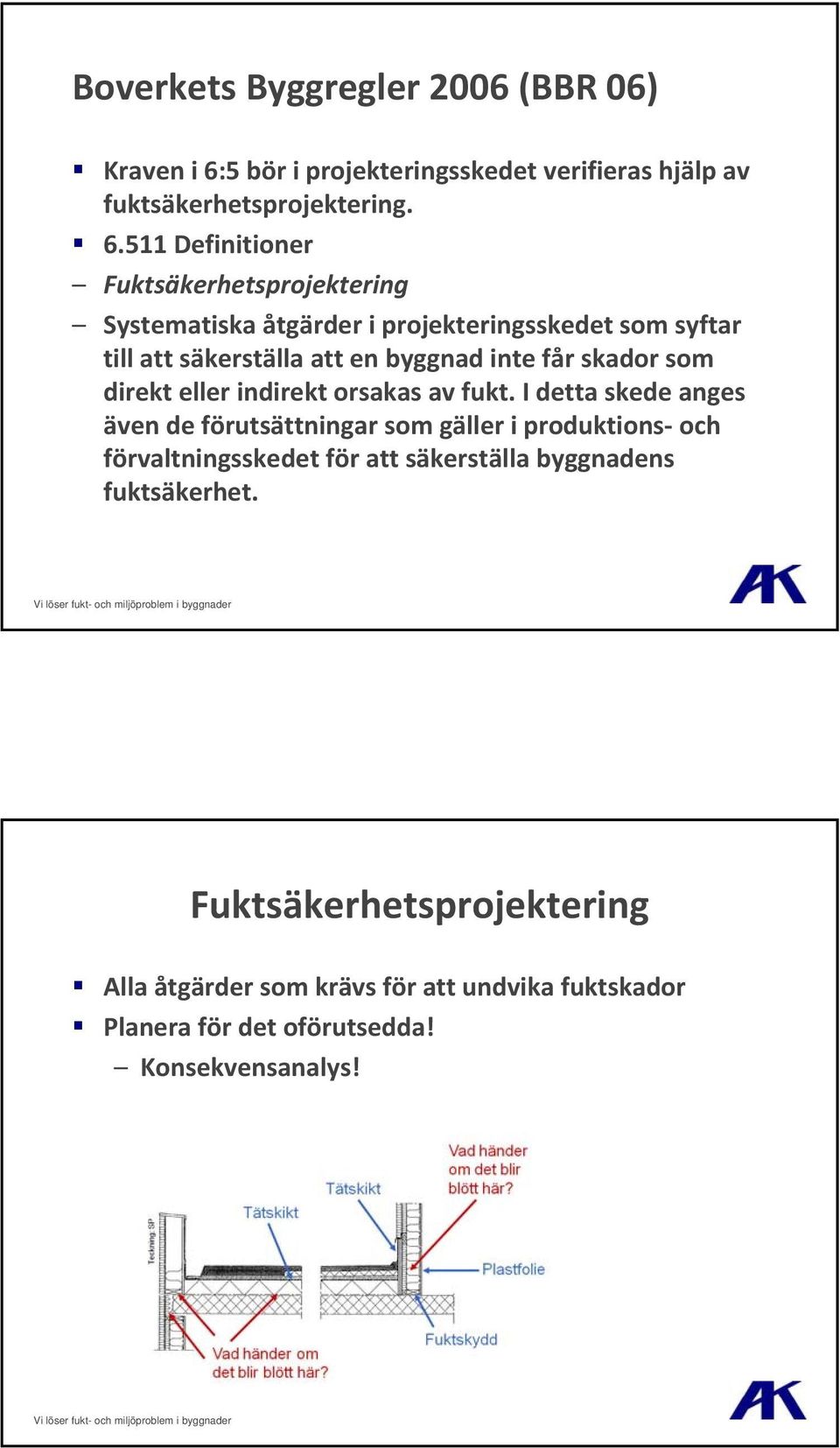 511 Definitioner Fuktsäkerhetsprojektering Systematiska åtgärder i projekteringsskedet som syftar till att säkerställa att en byggnad inte får