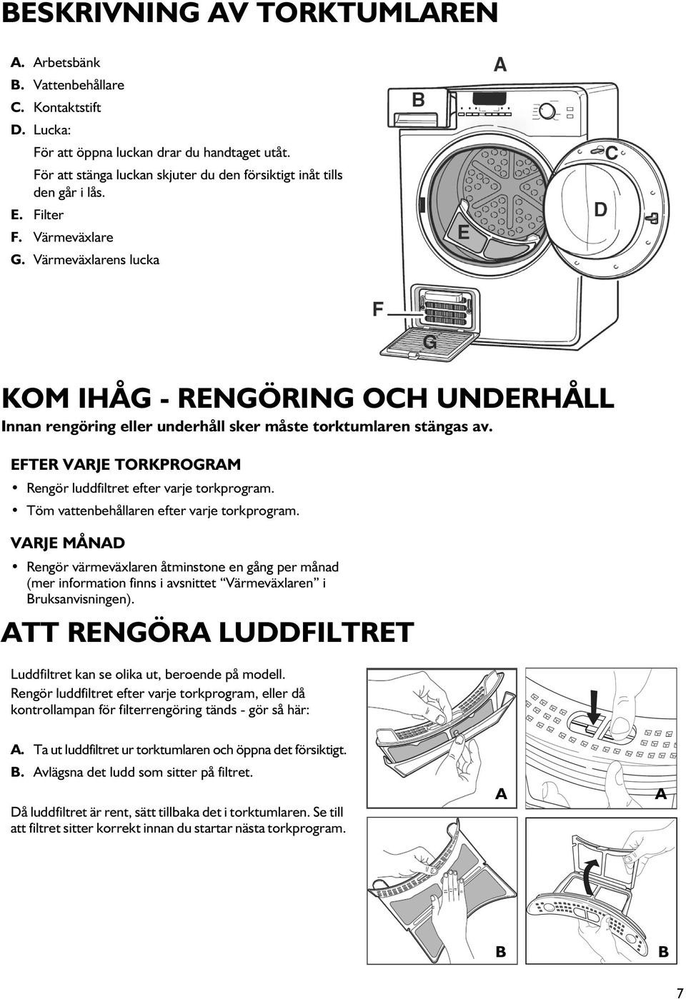 Värmeväxlarens lucka KOM IHÅG - RENGÖRING OCH UNDERHÅLL Innan rengöring eller underhåll sker måste torktumlaren stängas av. EFTER VARJE TORKPROGRAM Rengör luddfiltret efter varje torkprogram.