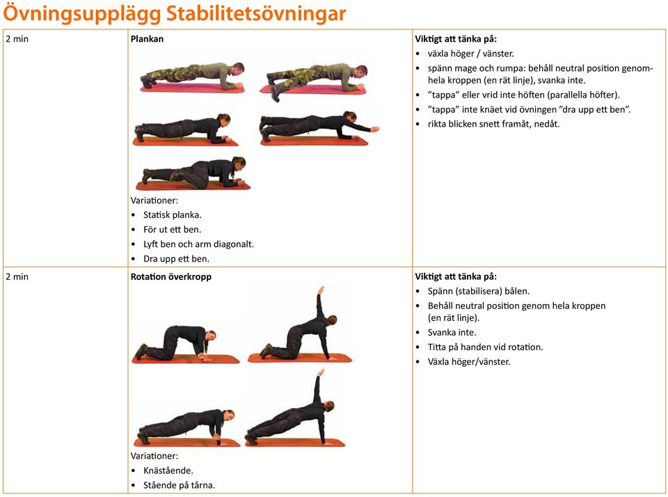 tappa inte knäet vid övningen dra upp ett ben. rikta blicken snett framåt, nedåt. Statisk planka. För ut ett ben. Lyft ben och arm diagonalt.