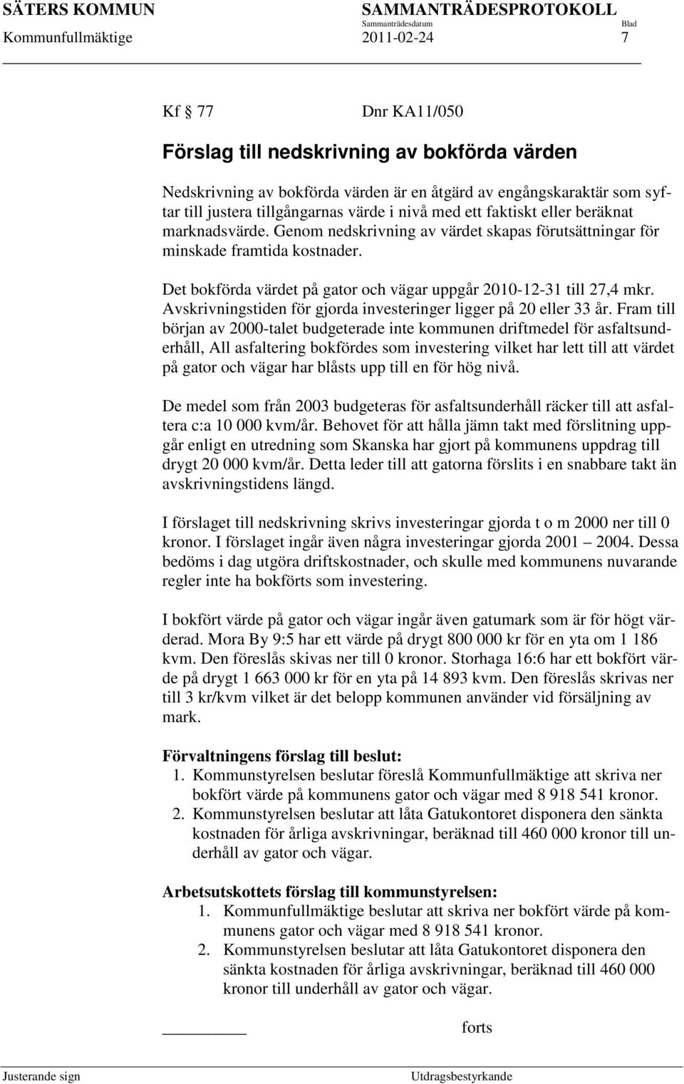 Det bokförda värdet på gator och vägar uppgår 2010-12-31 till 27,4 mkr. Avskrivningstiden för gjorda investeringer ligger på 20 eller 33 år.