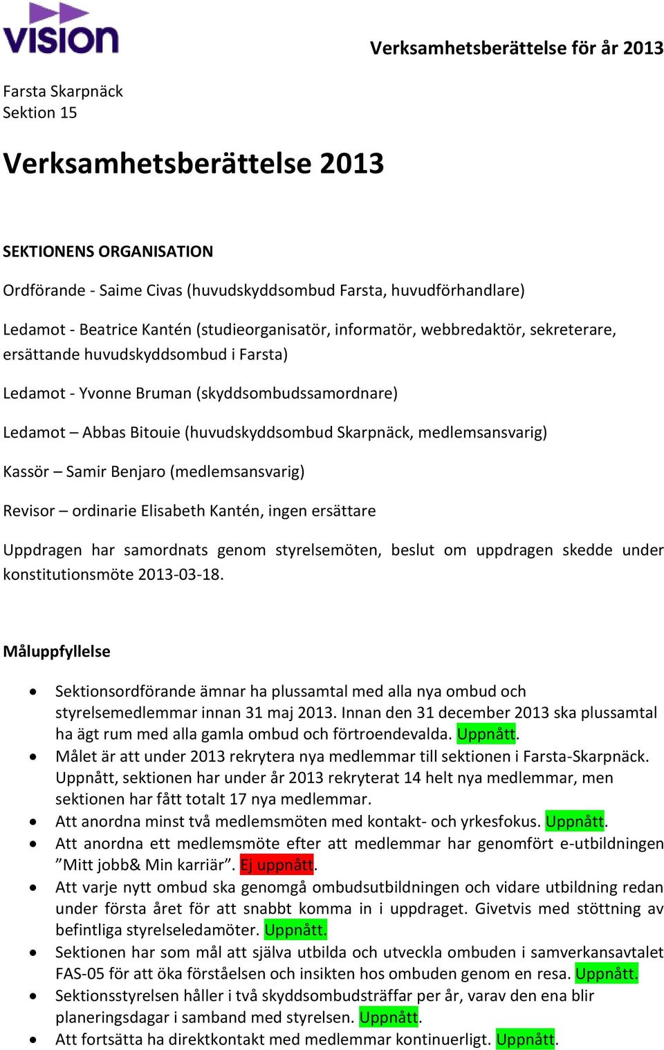 (medlemsansvarig) Revisor ordinarie Elisabeth Kantén, ingen ersättare Uppdragen har samordnats genom styrelsemöten, beslut om uppdragen skedde under konstitutionsmöte 2013-03-18.