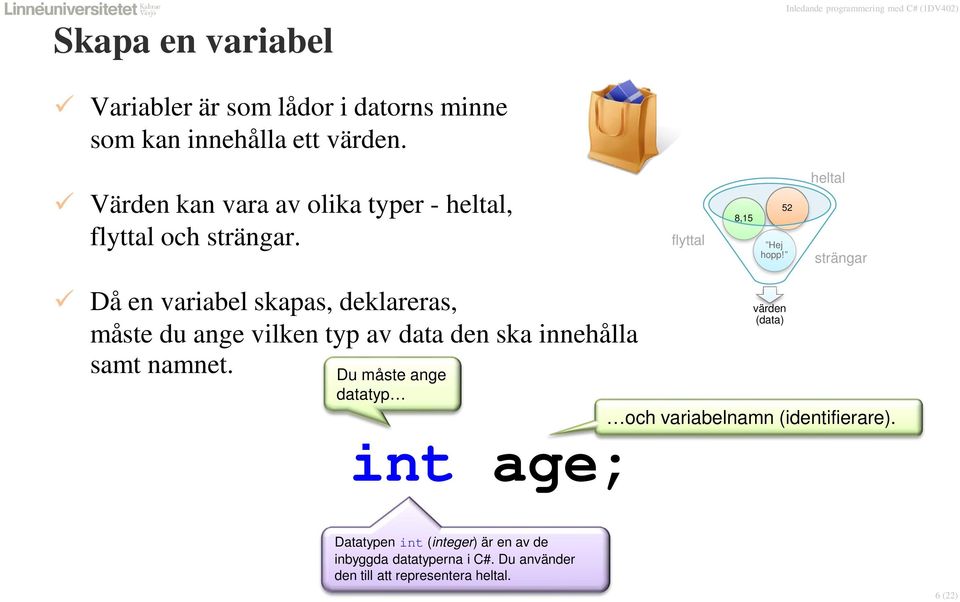 heltal strängar Då en variabel skapas, deklareras, måste du ange vilken typ av data den ska innehålla samt namnet.