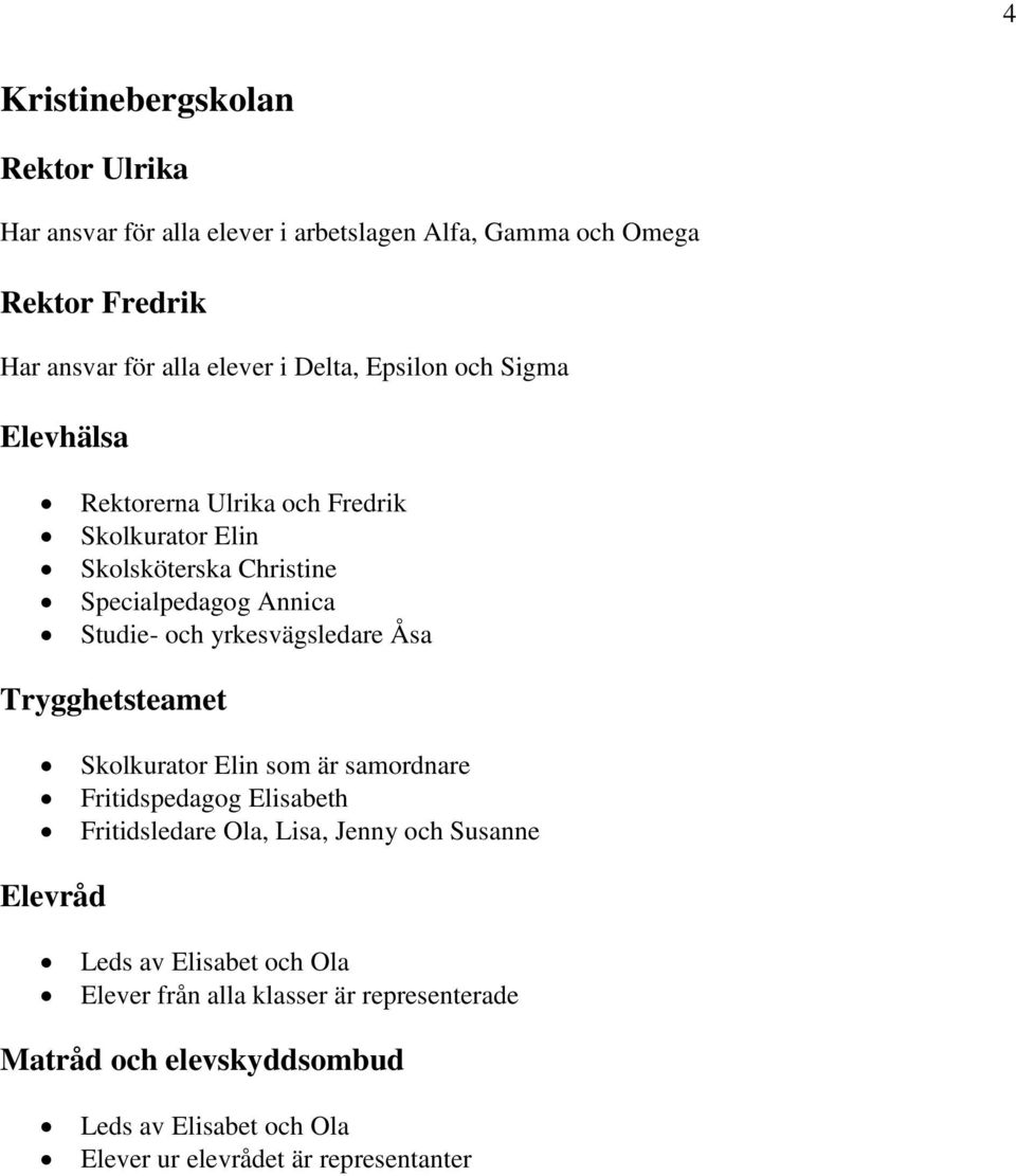 yrkesvägsledare Åsa Trygghetsteamet Skolkurator Elin som är samordnare Fritidspedagog Elisabeth Fritidsledare Ola, Lisa, Jenny och Susanne Elevråd