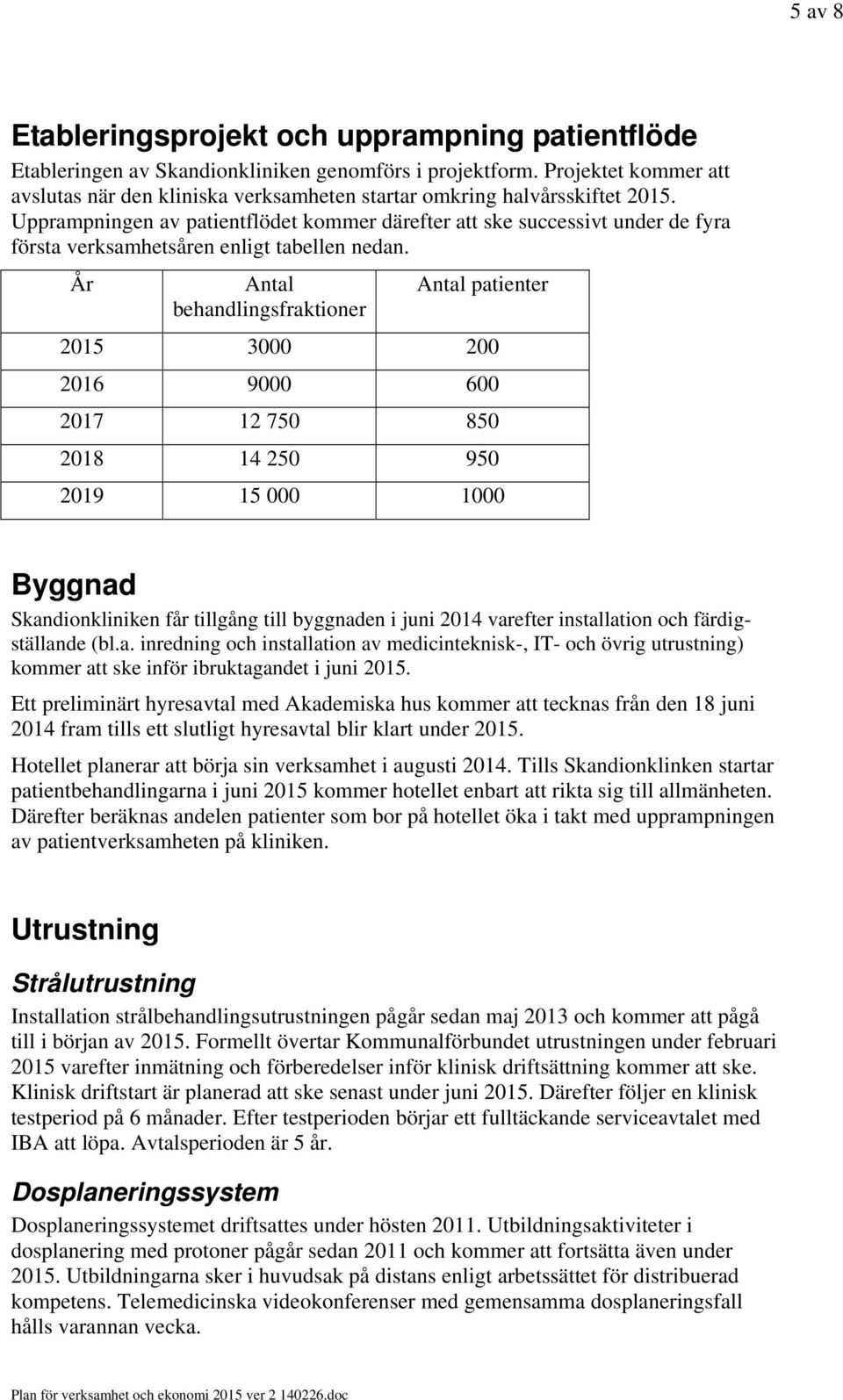 Upprampningen av patientflödet kommer därefter att ske successivt under de fyra första verksamhetsåren enligt tabellen nedan.