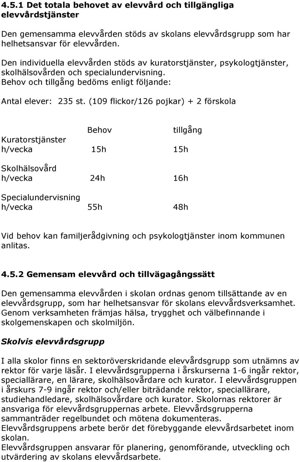 (109 flickor/126 pojkar) + 2 förskola Behov tillgång Kuratorstjänster h/vecka 15h 15h Skolhälsovård h/vecka 24h 16h Specialundervisning h/vecka 55h 48h Vid behov kan familjerådgivning och