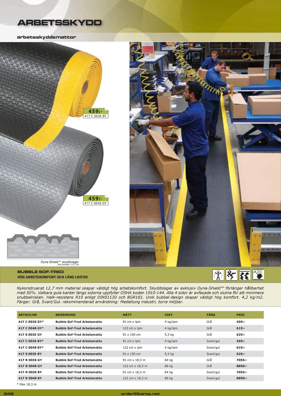 Alla 4 sidor är avfasade och slutna för att minimera snubbelrisken. Halk-resistens R10 enligt DIN51130 och BGR181. Unik bubbel-design skapar väldigt hög komfort. 4,2 kg/m2. Färger: Grå, Svart/Gul.