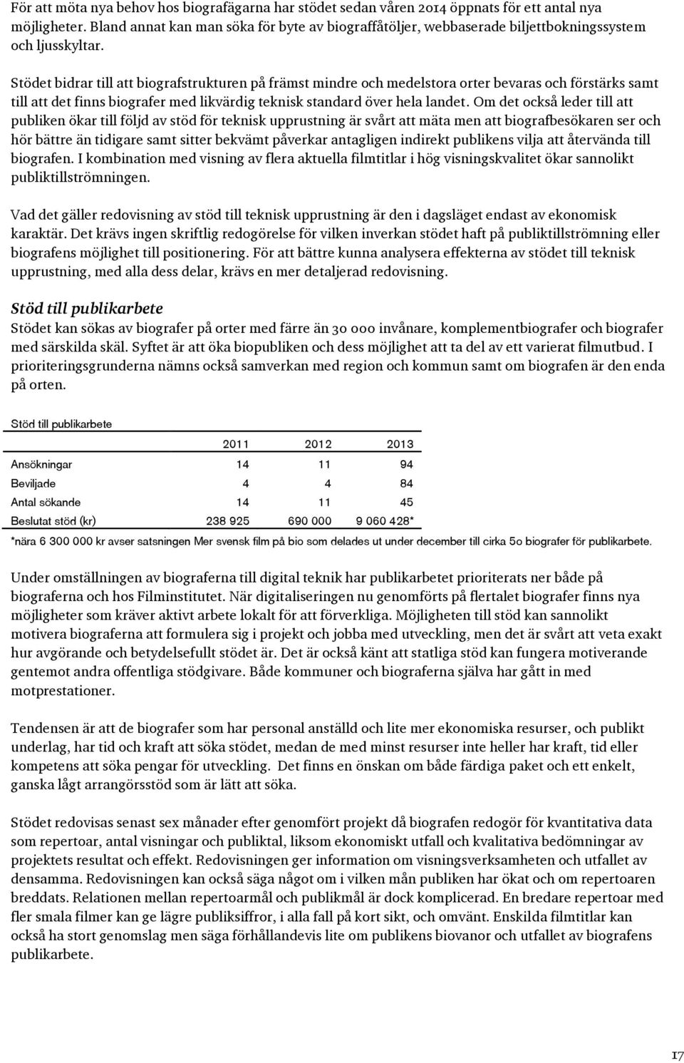 Stödet bidrar till att biografstrukturen på främst mindre och medelstora orter bevaras och förstärks samt till att det finns biografer med likvärdig teknisk standard över hela landet.