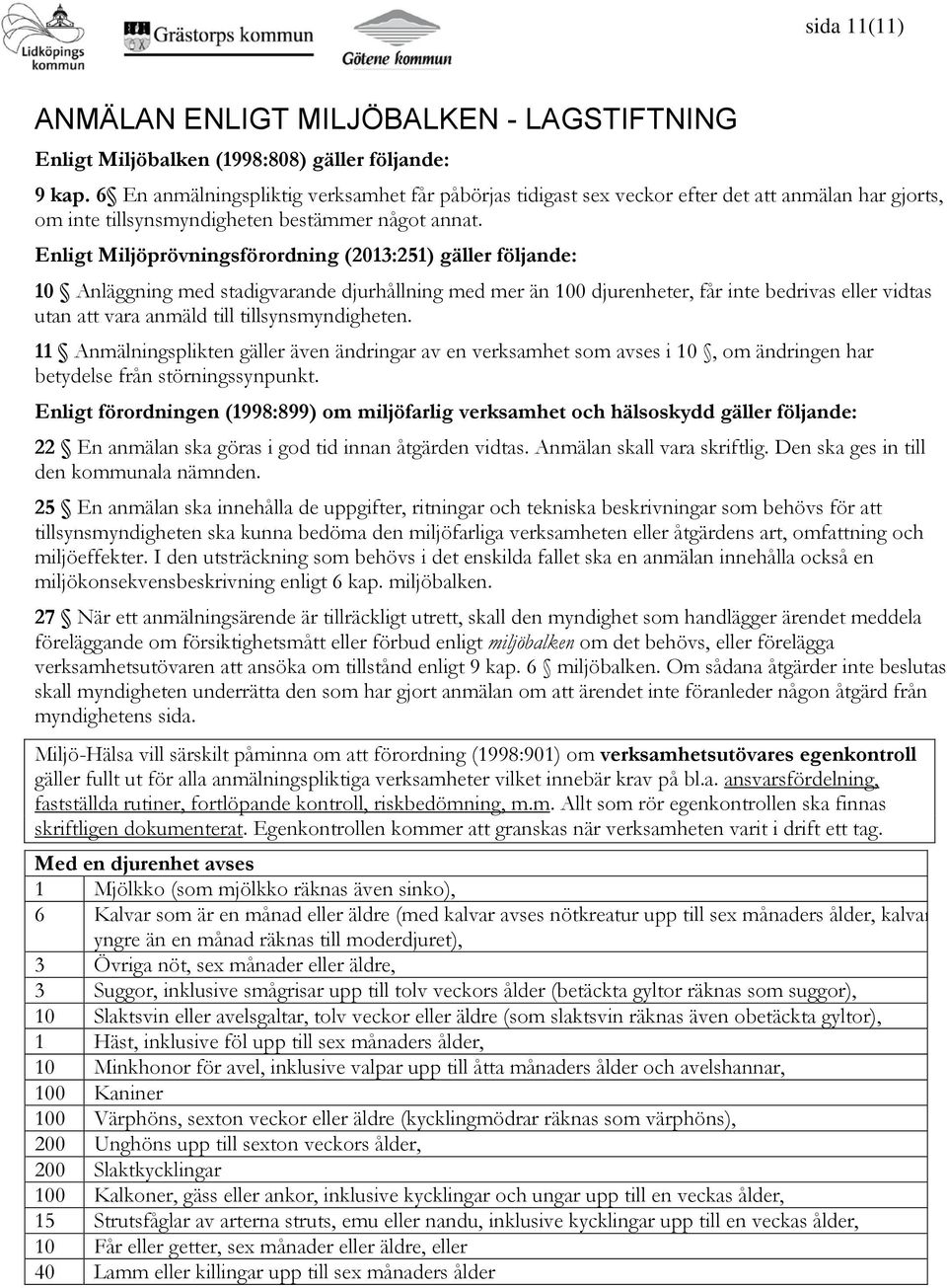 Enligt Miljöprövningsförordning (2013:251) gäller följande: 10 Anläggning med stadigvarande djurhållning med mer än 100 djurenheter, får inte bedrivas eller vidtas utan att vara anmäld till