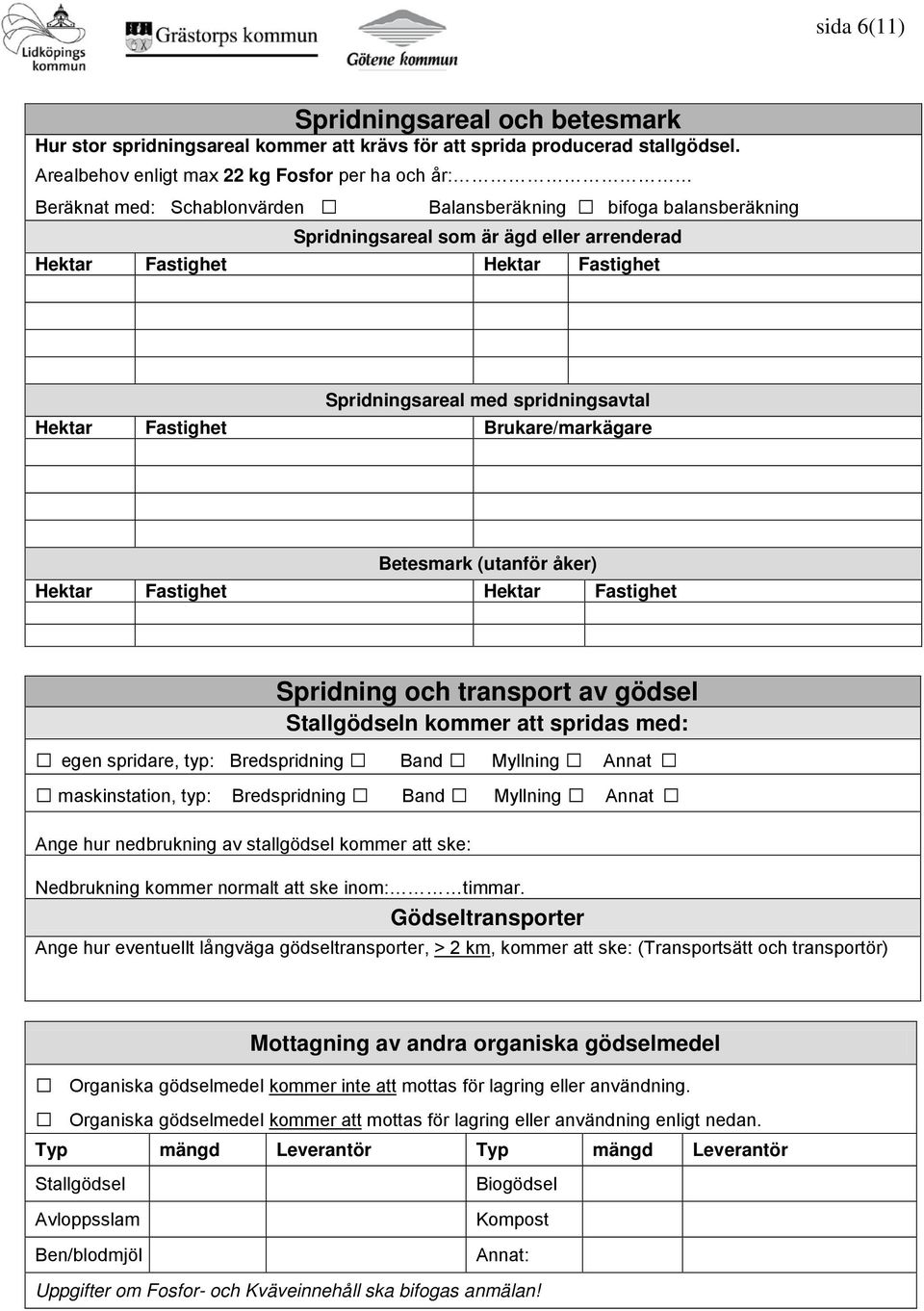 Spridningsareal med spridningsavtal Hektar Fastighet Brukare/markägare Betesmark (utanför åker) Hektar Fastighet Hektar Fastighet Spridning och transport av gödsel Stallgödseln kommer att spridas