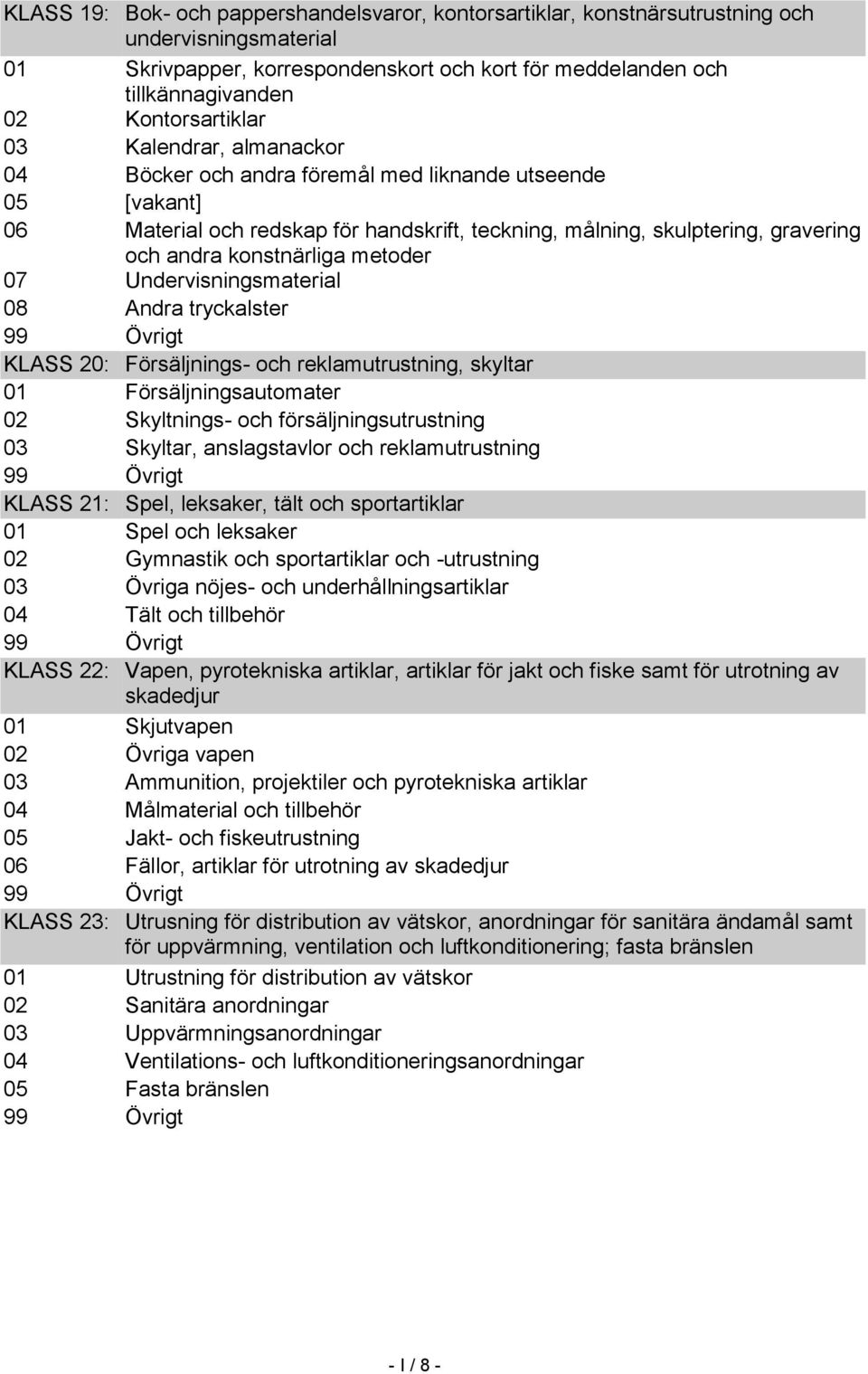 konstnärliga metoder 07 Undervisningsmaterial 08 Andra tryckalster KLASS 20: Försäljnings- och reklamutrustning, skyltar 01 Försäljningsautomater 02 Skyltnings- och försäljningsutrustning 03 Skyltar,