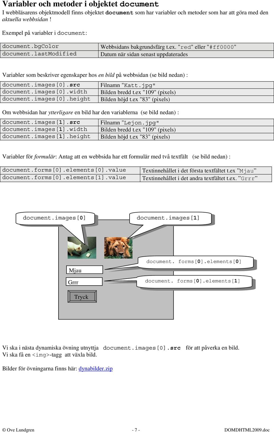 "red" eller "#ff0000" Datum när sidan senast uppdaterades Variabler som beskriver egenskaper hos en bild på webbsidan (se bild nedan) : document.images[0].src Filnamn "Katt.jpg" document.images[0].width Bilden bredd t.