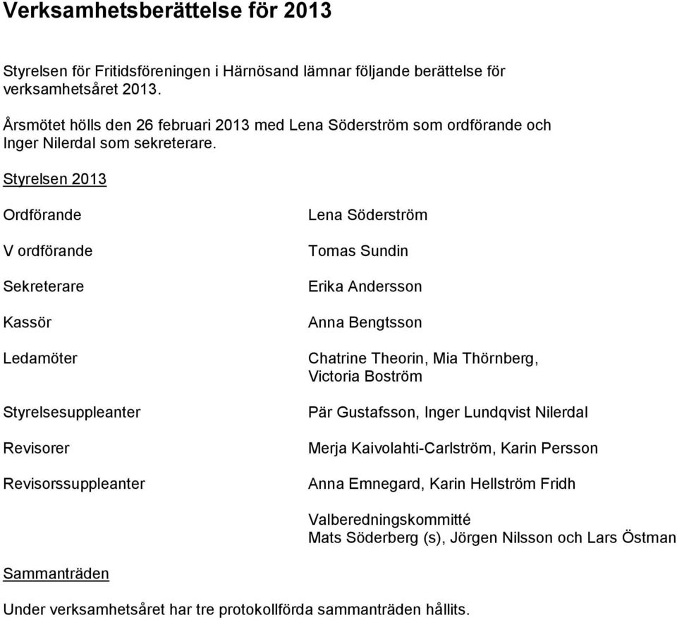 Styrelsen 2013 Ordförande V ordförande Sekreterare Kassör Ledamöter Styrelsesuppleanter Revisorer Revisorssuppleanter Lena Söderström Tomas Sundin Erika Andersson Anna Bengtsson