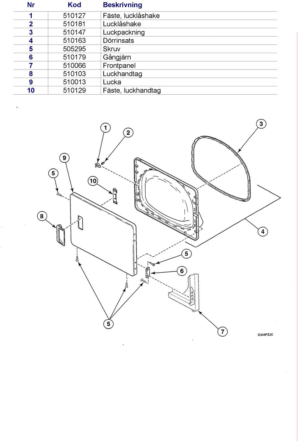 505295 Skruv 6 510179 Gångjärn 7 510066 Frontpanel 8