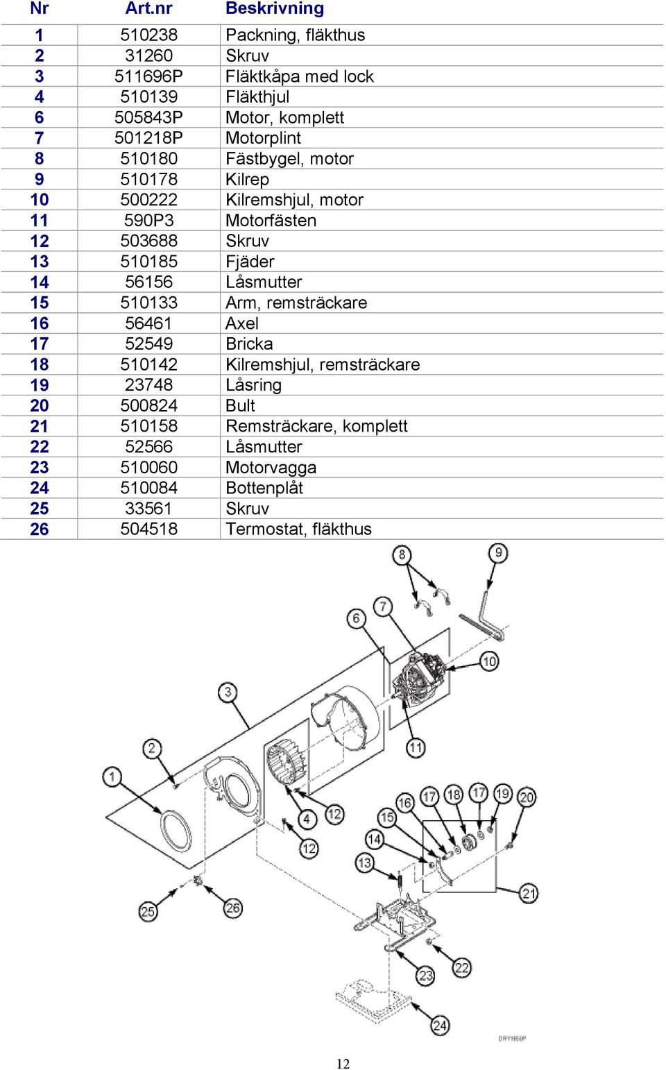 Motorplint 8 510180 Fästbygel, motor 9 510178 Kilrep 10 500222 Kilremshjul, motor 11 590P3 Motorfästen 12 503688 Skruv 13 510185 Fjäder 14