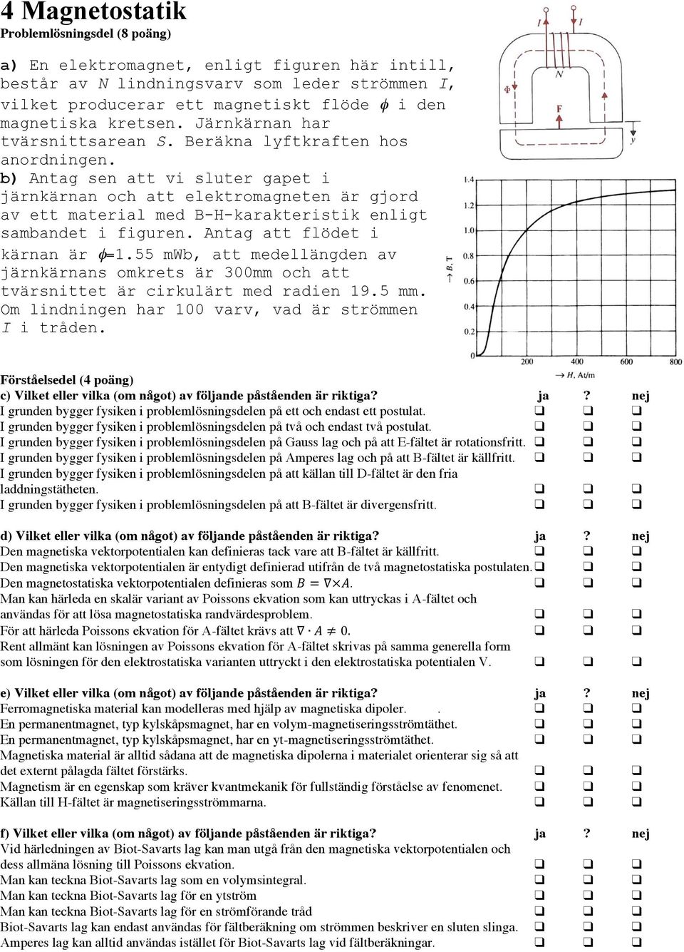 b) Antag sen att vi sluter gapet i järnkärnan och att elektromagneten är gjord av ett material med B-H-karakteristik enligt sambandet i figuren. Antag att flödet i kärnan är φ=1.