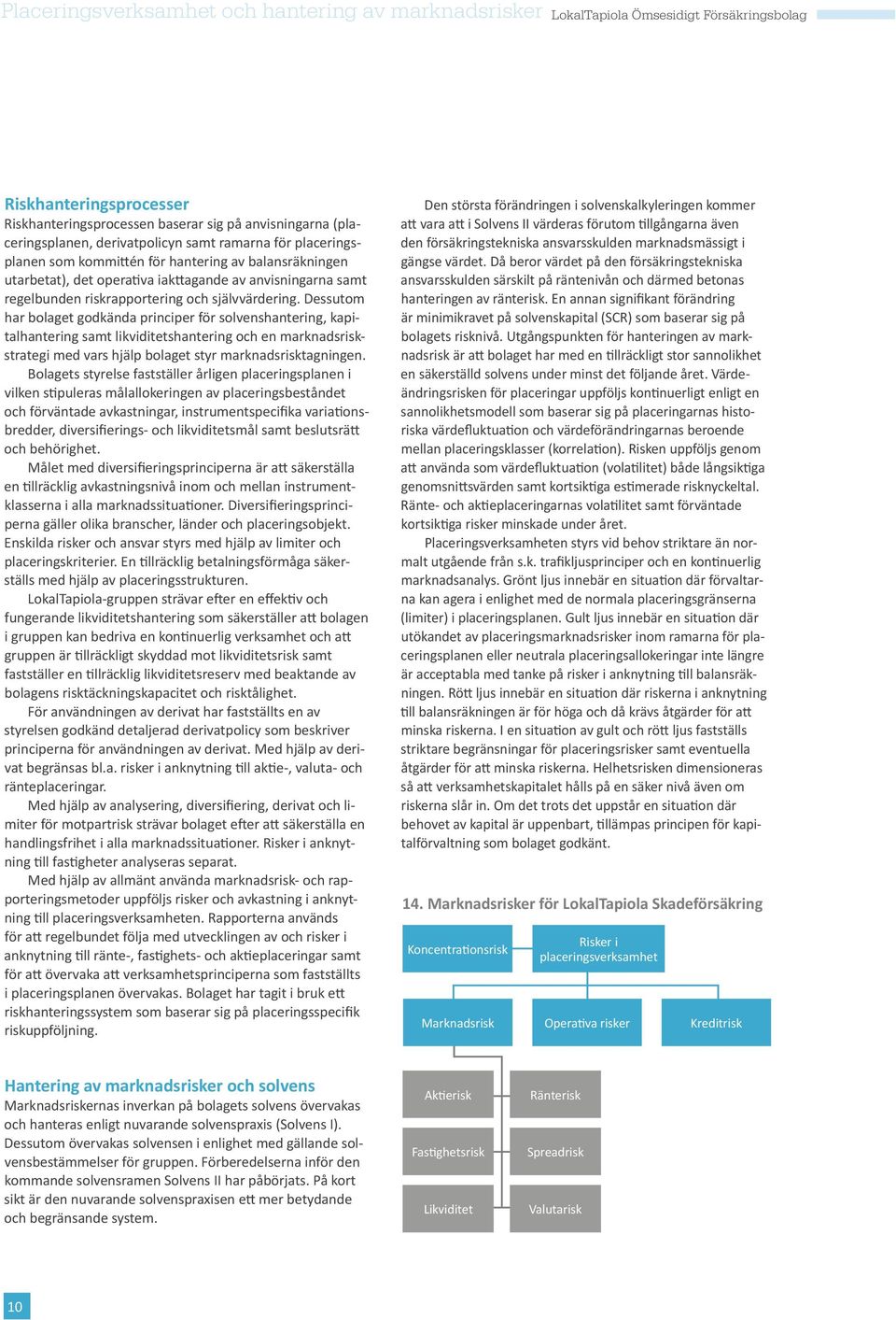 självvärdering. Dessutom har bolaget godkända principer för solvenshantering, kapitalhantering samt likviditetshantering och en marknadsriskstrategi med vars hjälp bolaget styr marknadsrisktagningen.