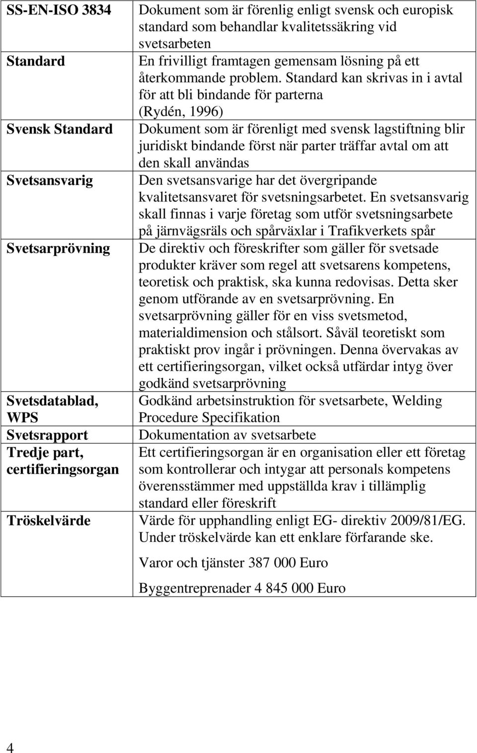 Standard kan skrivas in i avtal för att bli bindande för parterna (Rydén, 1996) Dokument som är förenligt med svensk lagstiftning blir juridiskt bindande först när parter träffar avtal om att den