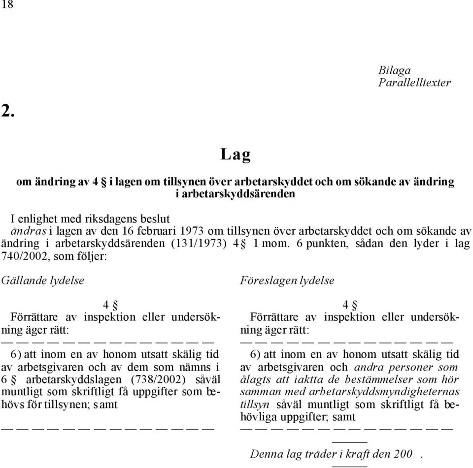 6 punkten, sådan den lyder i lag 740/2002, som följer: Gällande lydelse 4 Förrättare av inspektion eller undersökning äger rätt: 6) att inom en av honom utsatt skälig tid av arbetsgivaren och av dem