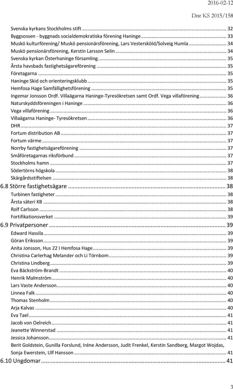 .. 35 Haninge Skid och orienteringsklubb... 35 Hemfosa Hage Samfällighetsförening... 35 Ingemar Jonsson Ordf. Villaägarna Haninge-Tyresökretsen samt Ordf. Vega villaförening.