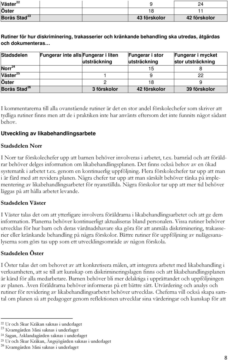 I kommentarerna till alla ovanstående rutiner är det en stor andel förskolechefer som skriver att tydliga rutiner finns men att de i praktiken inte har använts eftersom det inte funnits något sådant