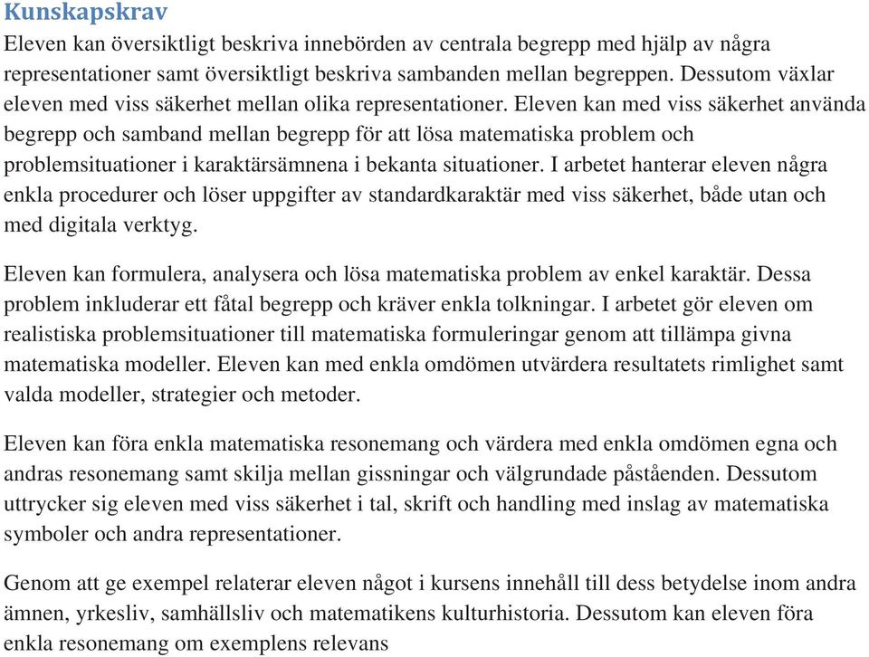 Eleven kan med viss säkerhet använda begrepp och samband mellan begrepp för att lösa matematiska problem och problemsituationer i karaktärsämnena i bekanta situationer.