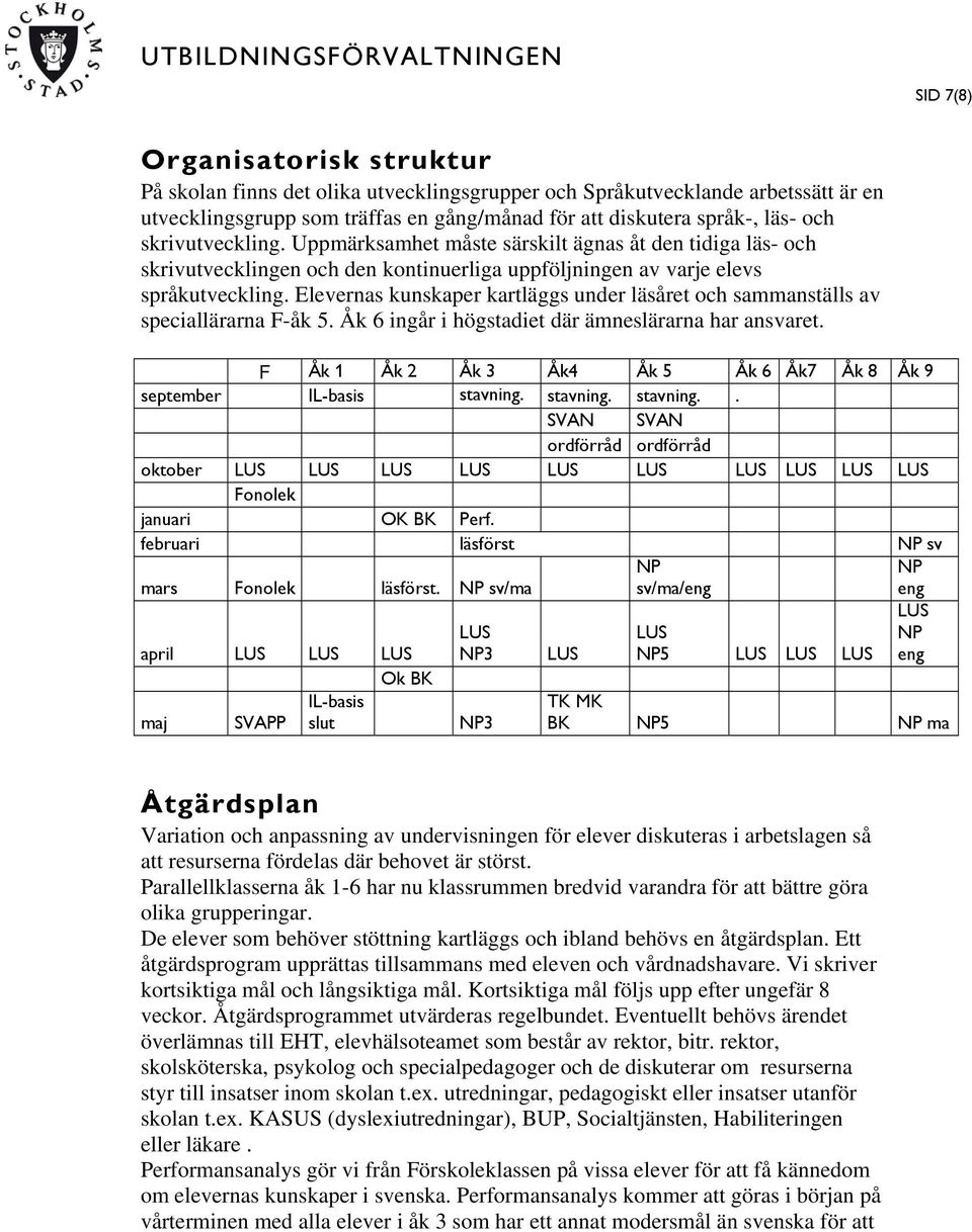 Elevernas kunskaper kartläggs under läsåret och sammanställs av speciallärarna F-åk 5. Åk 6 ingår i högstadiet där ämneslärarna har ansvaret.