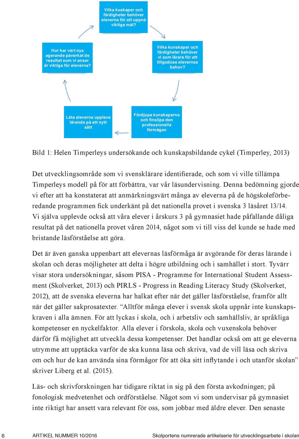 Låta eleverna uppleva lärande på ett nytt sätt Fördjupa kunskaperna och finslipa den professionella förmågan Bild 1: Helen Timperleys undersökande och kunskapsbildande cykel (Timperley, 2013) Det