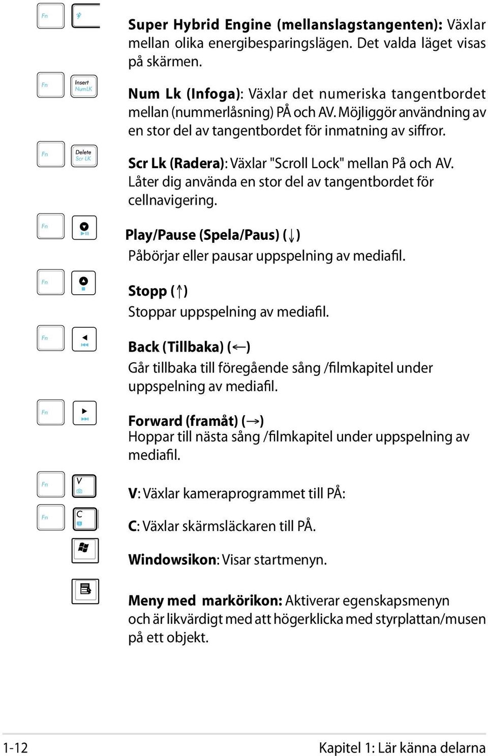 Scr Lk (Radera): Växlar "Scroll Lock" mellan På och AV. Låter dig använda en stor del av tangentbordet för cellnavigering. Play/Pause (Spela/Paus) ( ) Påbörjar eller pausar uppspelning av mediafil.