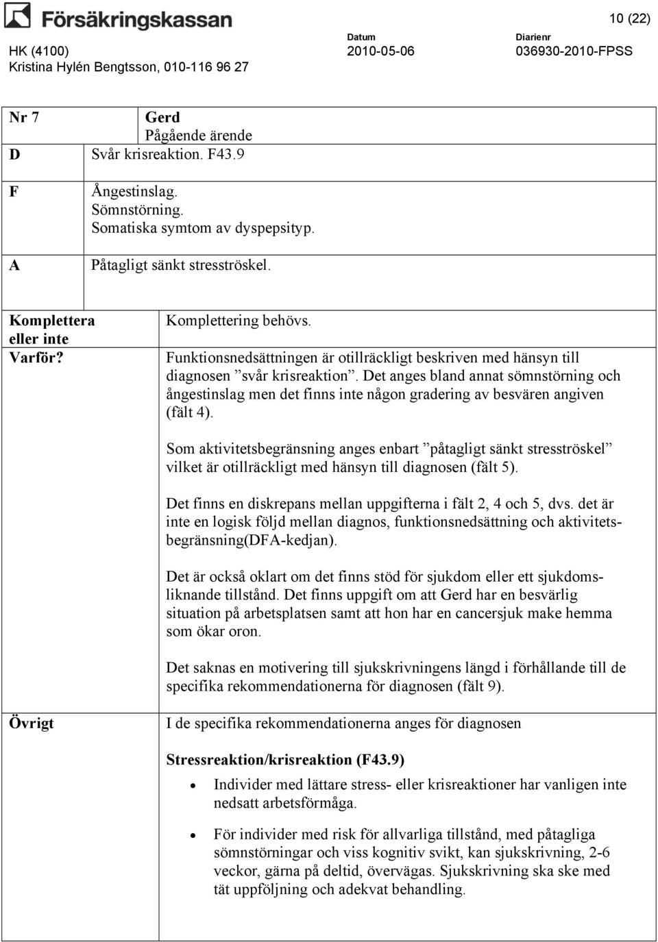 Det anges bland annat sömnstörning och ångestinslag men det finns inte någon gradering av besvären angiven (fält 4).